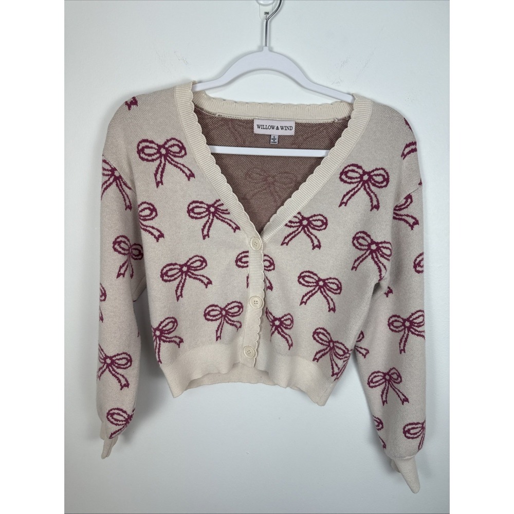 Willow & Wind Cream Pink Balloon Sleeve Vneck Scalloped Bow Cropped Cardigan WS